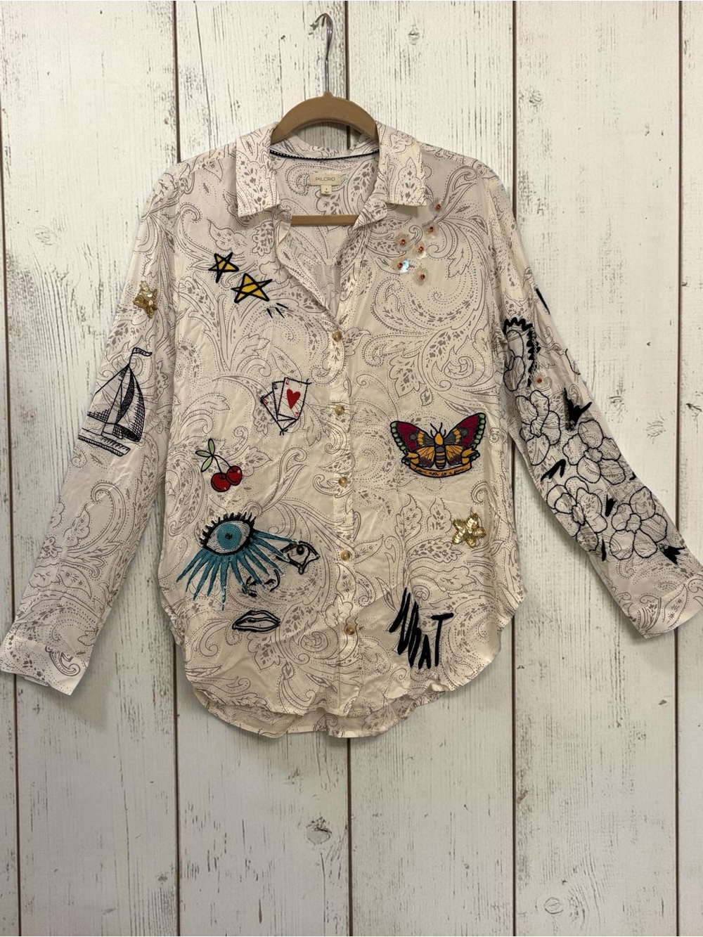 NWOT Pilcro Souvenir Embellished Buttondown Shirt Women’s Small - Picture 5 of 15